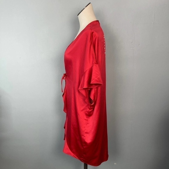Victoria's Secret Red Satin Ruffle Kimono Robe Tie Front Love Heart Flounce OS - Picture 8 of 16